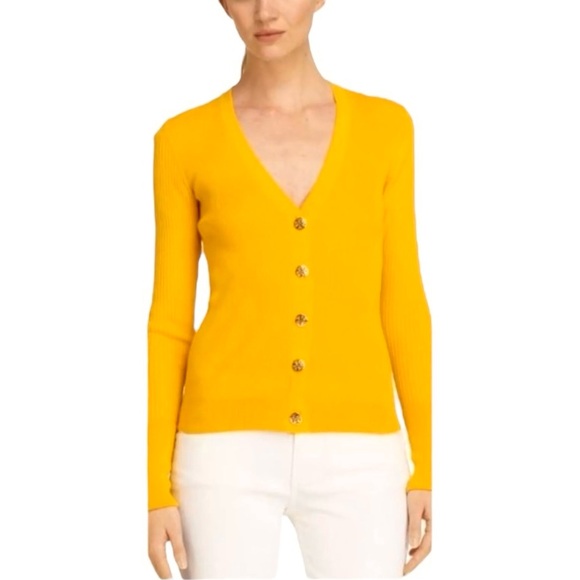 Tory Burch Shrunken Simone Cardigan Sweater Ribbed V Neck Fall Cotton Small Logo - Picture 1 of 17